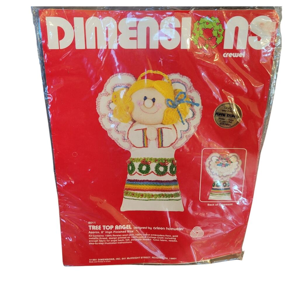 1981 Dimensions Tree Top Angel #8011 Crewel Kit 8" Ornament Arleen Hoeweler